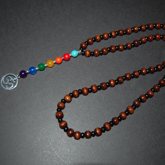 Wood Necklace,Om Necklace,7 Chakra Necklace,Stone and Wood Beads,Yoga Necklace - Picture 2 of 3